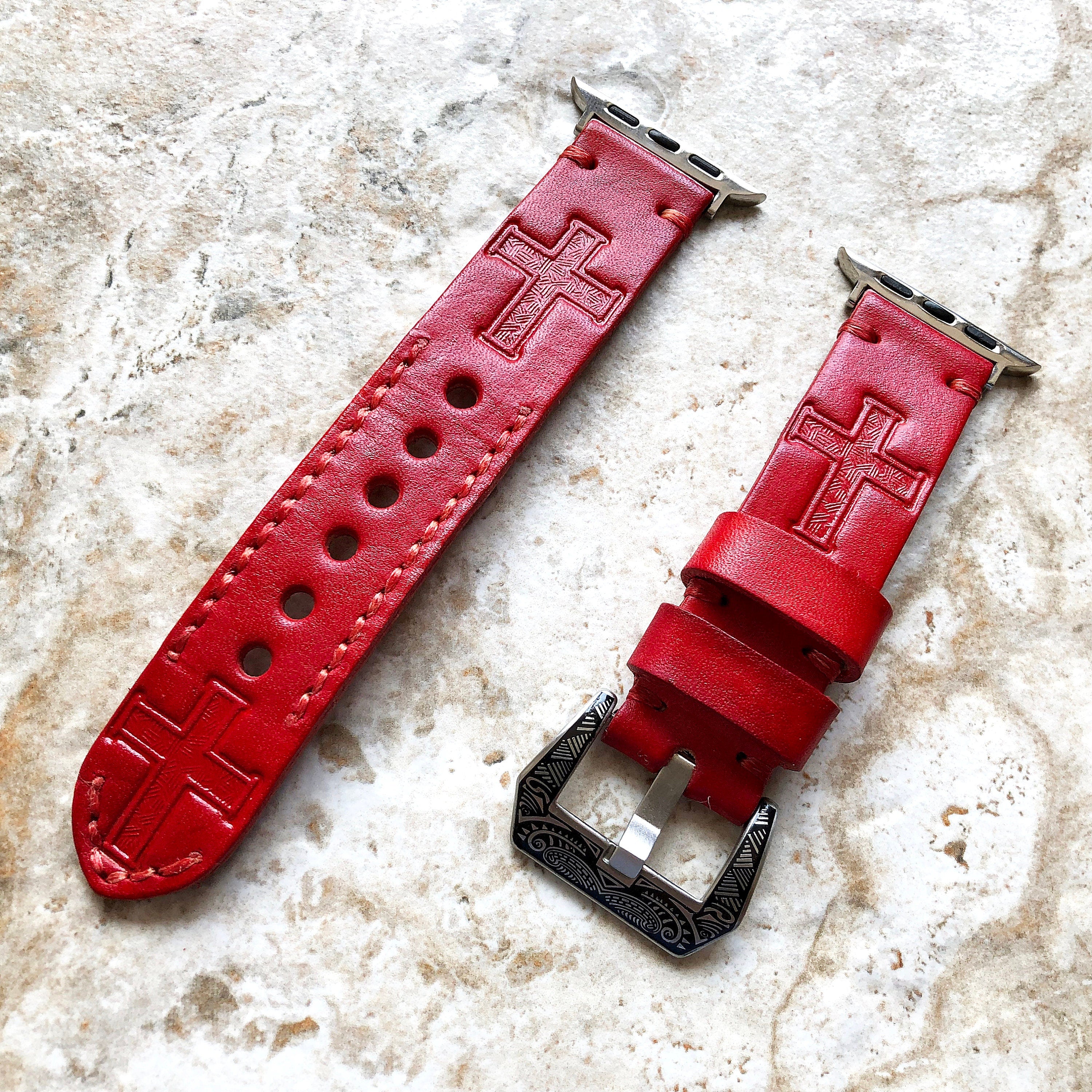 Apple Watch Band Latin Cross for iWatch Ultra 2 49mm and 9 8 Series 41mm 45mm Case Tooled Embossed Handmade Leather Red Strap Bracelet